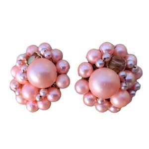 Vintage Clip On Cotton Candy Pink Earrings Ear Clips Cluster Japan 1950s Cute!